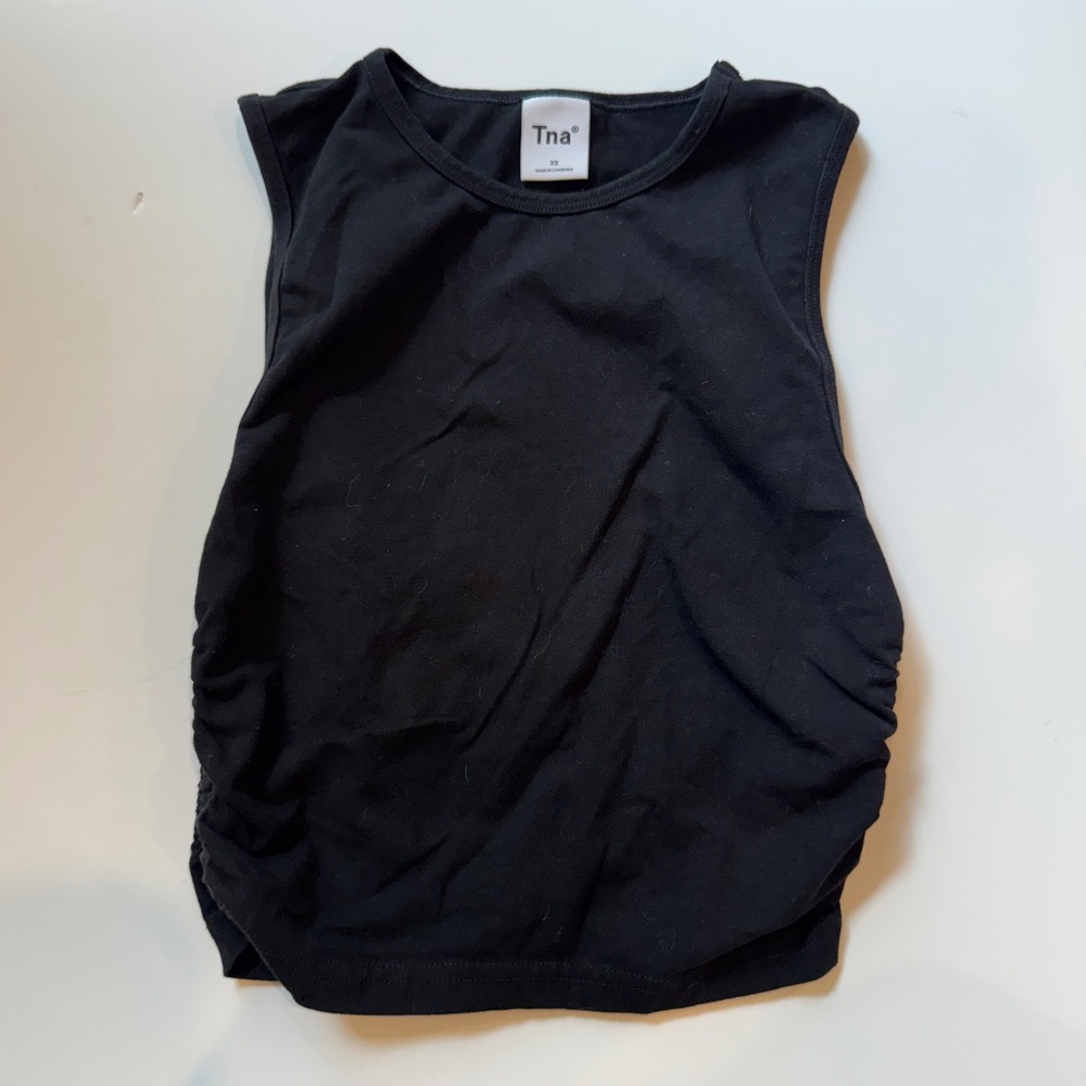 Tna Aritzia Black Side Ruched Muscle Tank Top Sleeveless Crew Neck XS